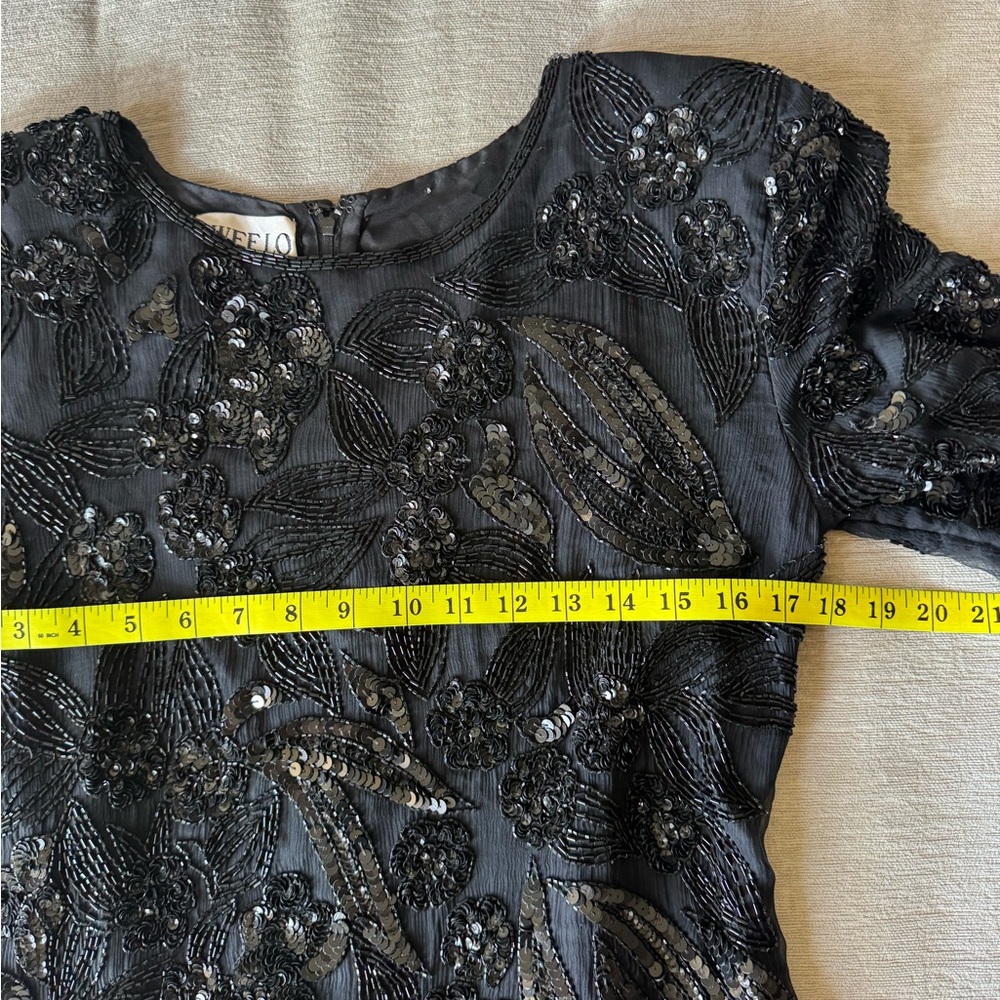 SWEEL O Vintage Black Beaded Sequin Cocktail Dress Long Sleeve Art Deco Midi - Picture 9 of 12